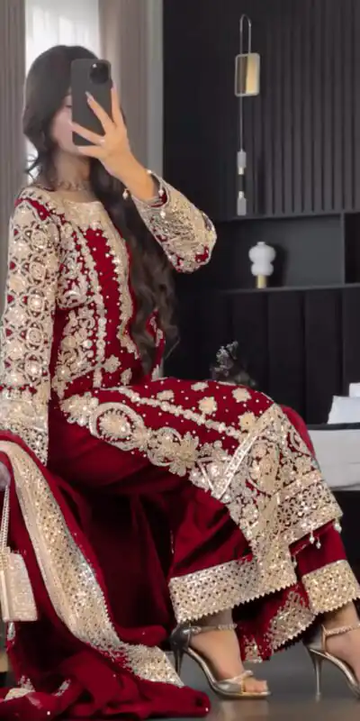 SR 1654 Maroon in Faux Georgette With Heavy Embroidery Sequence Work Wedding, Party, Festive, Events Special 4-6 Working Days At 2599/- Only | Casual Suits, Jump Suits, Creative suits, Designer Suits, Palazzo Suits, Party Wear Suits, Patiala Suits, Salwar suit, Straight Suits
