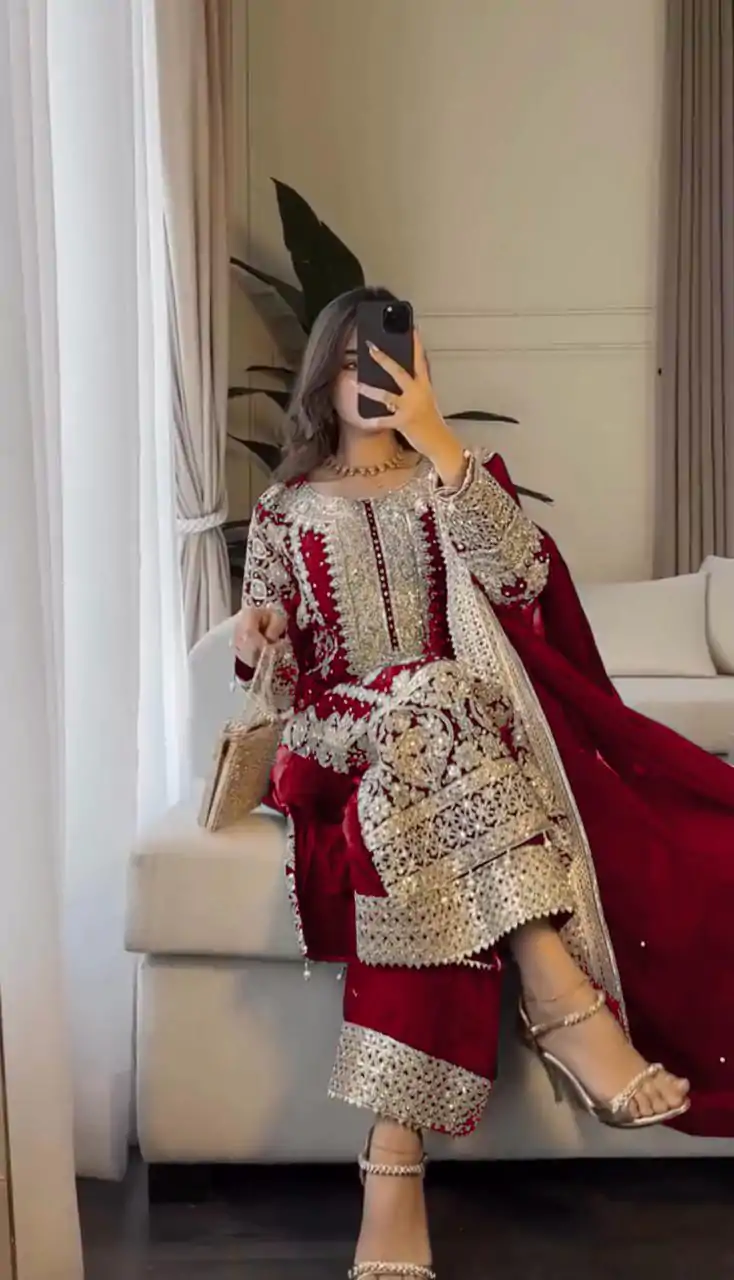 SR 1654 Maroon in Faux Georgette With Heavy Embroidery Sequence Work Wedding, Party, Festive, Events Special 4-6 Working Days At 2599/- Only | Casual Suits, Jump Suits, Creative suits, Designer Suits, Palazzo Suits, Party Wear Suits, Patiala Suits, Salwar suit, Straight Suits