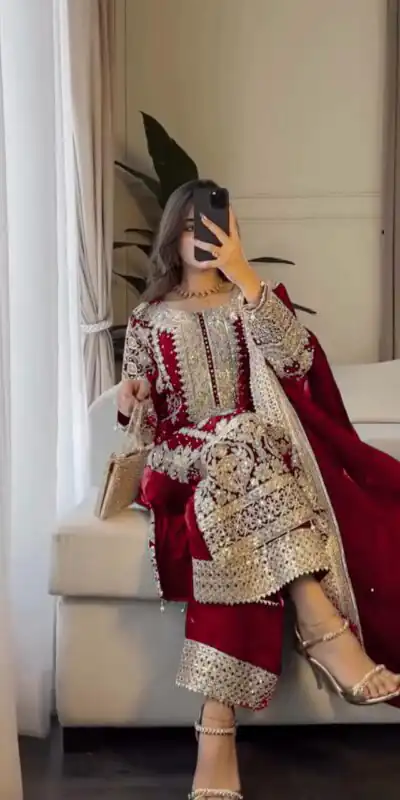 SR 1654 Maroon in Faux Georgette With Heavy Embroidery Sequence Work Wedding, Party, Festive, Events Special 4-6 Working Days At 2599/- Only | Casual Suits, Jump Suits, Creative suits, Designer Suits, Palazzo Suits, Party Wear Suits, Patiala Suits, Salwar suit, Straight Suits