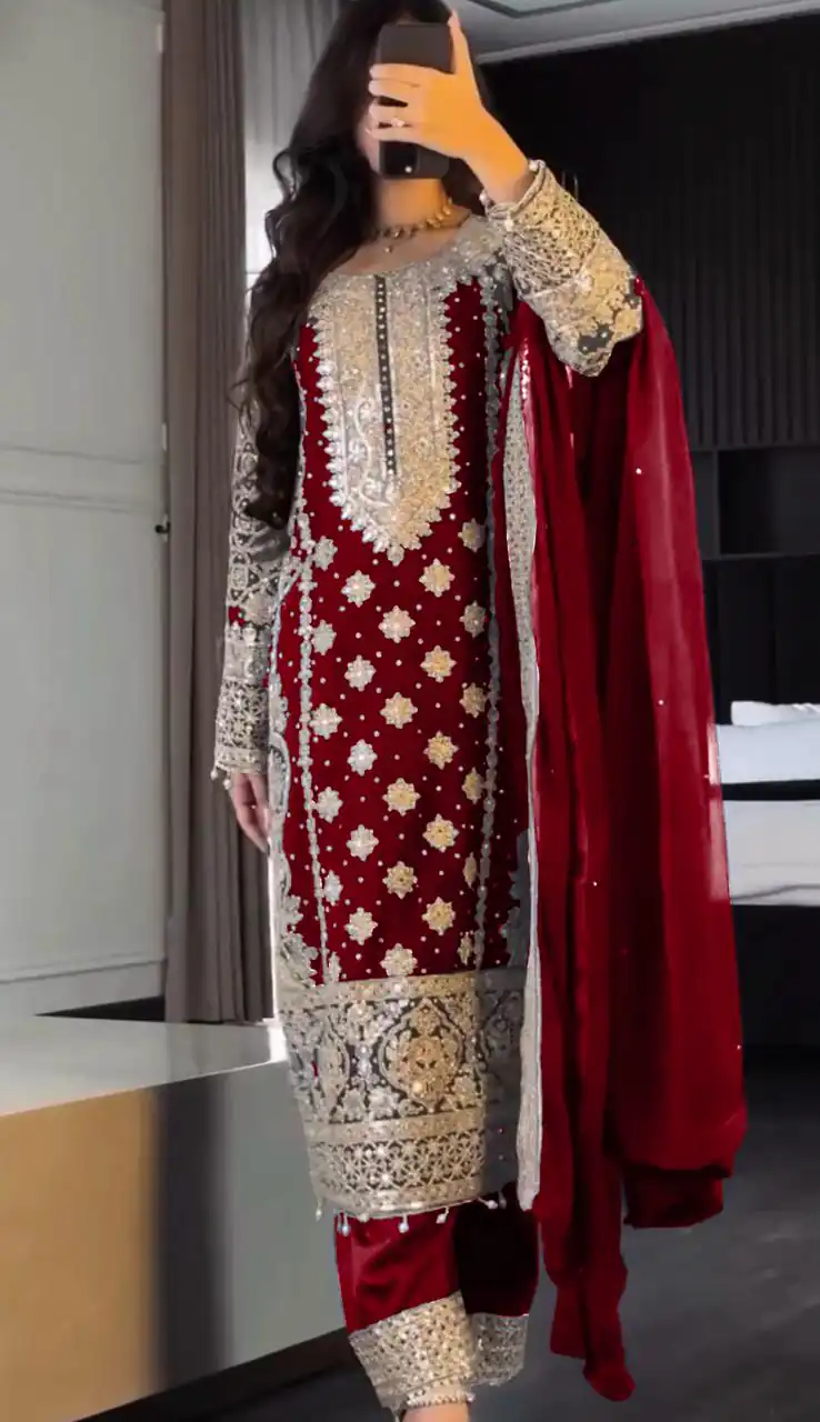 SR 1654 Maroon in Faux Georgette With Heavy Embroidery Sequence Work Wedding, Party, Festive, Events Special 4-6 Working Days At 2599/- Only | Casual Suits, Jump Suits, Creative suits, Designer Suits, Palazzo Suits, Party Wear Suits, Patiala Suits, Salwar suit, Straight Suits
