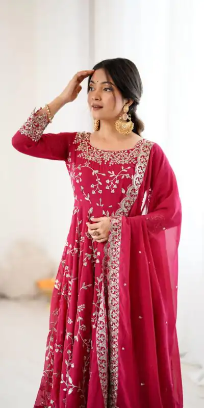 SRK 5299 Pink Faux Georgette With Sequence Work Perfect for Wedding, Party, Lohri, Temple Visit, Ganesh Chaturthi Festive, Events, 4-6 Working Days At 2149 | Bollywood Gowns, Creative Gowns, Designer Gowns, Embroidered Gowns, Gowns, Party Wear Gowns