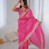 Pink Gold Crush Silk With Embroidery Work Saree