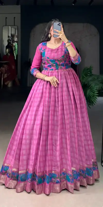 YNF 5034 Pink Polyester Viscose Chanderi Zari Work & Lace Work Gown in . Affordable Price ₹1799. Delivery 4-6 Working Days. Shop now. | Bollywood Gowns, Creative Gowns, Designer Gowns, Embroidered Gowns, Gowns, Party Wear Gowns