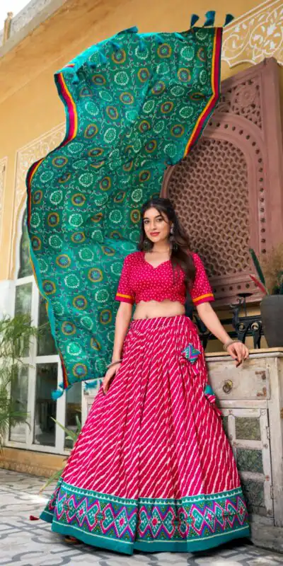 LNB 1224 Pink Tasar Silk Lehenga Choli With Bandhej Print & Patola Print. Now at just ₹2449. Delivery 4-6 Working Days. Shop now. | Bollywood Lehenga, Creative Lehenga, Designer Lehenga, Embroidered Lehenga, Lehenga, Party Wear Lehenga