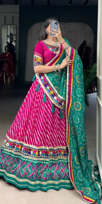 LNB 1741 Pink Color Tasar Silk Leheriya Patola Print Mirror Gamthi Work Lehenga Choli Wedding, Party, Festive, Events Etc. Delivery 4-6 Working Days Rs 2999 | Bollywood Lehenga, Creative Lehenga, Designer Lehenga, Embroidered Lehenga, Lehenga, Party Wear Lehenga