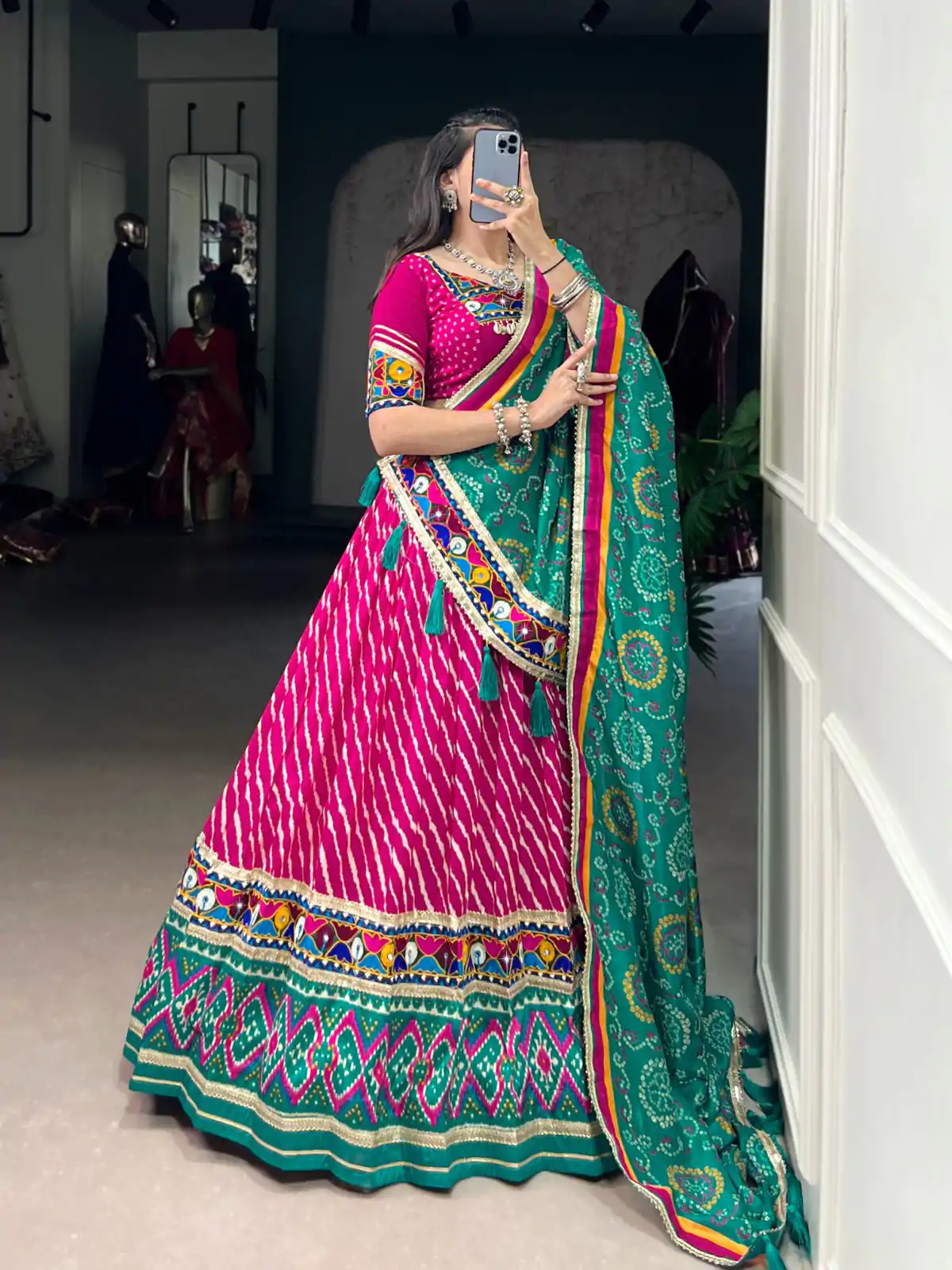 LNB 1741 Pink Color Tasar Silk Leheriya Patola Print Mirror Gamthi Work Lehenga Choli Wedding, Party, Festive, Events Etc. Delivery 4-6 Working Days Rs 2999 | Bollywood Lehenga, Creative Lehenga, Designer Lehenga, Embroidered Lehenga, Lehenga, Party Wear Lehenga