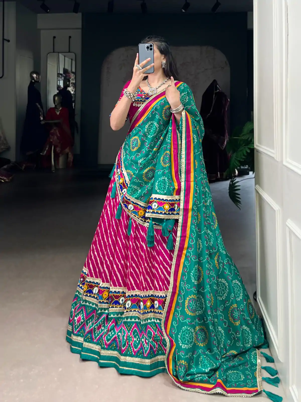 LNB 1741 Pink Color Tasar Silk Leheriya Patola Print Mirror Gamthi Work Lehenga Choli Wedding, Party, Festive, Events Etc. Delivery 4-6 Working Days Rs 2999 | Bollywood Lehenga, Creative Lehenga, Designer Lehenga, Embroidered Lehenga, Lehenga, Party Wear Lehenga