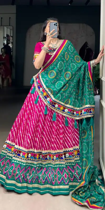 LNB 1741 Pink Color Tasar Silk Leheriya Patola Print Mirror Gamthi Work Lehenga Choli Wedding, Party, Festive, Events Etc. Delivery 4-6 Working Days Rs 2999 | Bollywood Lehenga, Creative Lehenga, Designer Lehenga, Embroidered Lehenga, Lehenga, Party Wear Lehenga