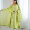 SRK 5293 Pista With Crunchy Silk With Fully Flair with Lace Work & Embroidery Work Anarkali Gown . Introductory Price ₹2149. Delivery 4-6 Worki | Bollywood Gowns, Creative Gowns, Designer Gowns, Embroidered Gowns, Gowns, Party Wear Gowns