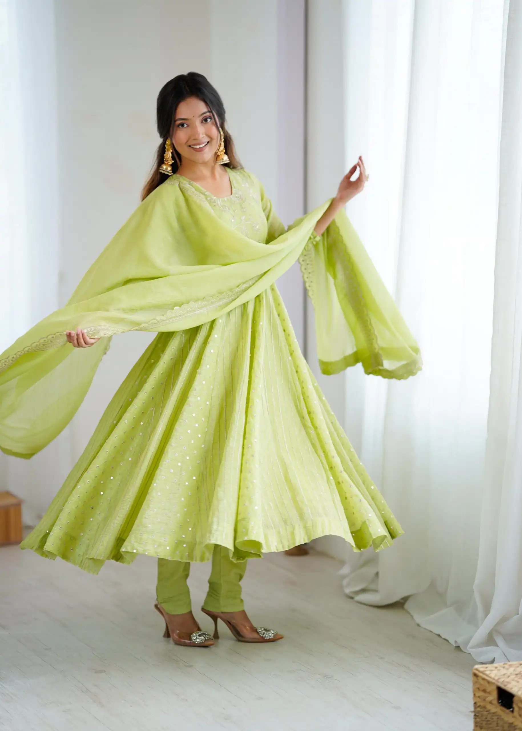 SRK 5293 Pista With Crunchy Silk With Fully Flair with Lace Work & Embroidery Work Anarkali Gown . Introductory Price ₹2149. Delivery 4-6 Worki | Bollywood Gowns, Creative Gowns, Designer Gowns, Embroidered Gowns, Gowns, Party Wear Gowns