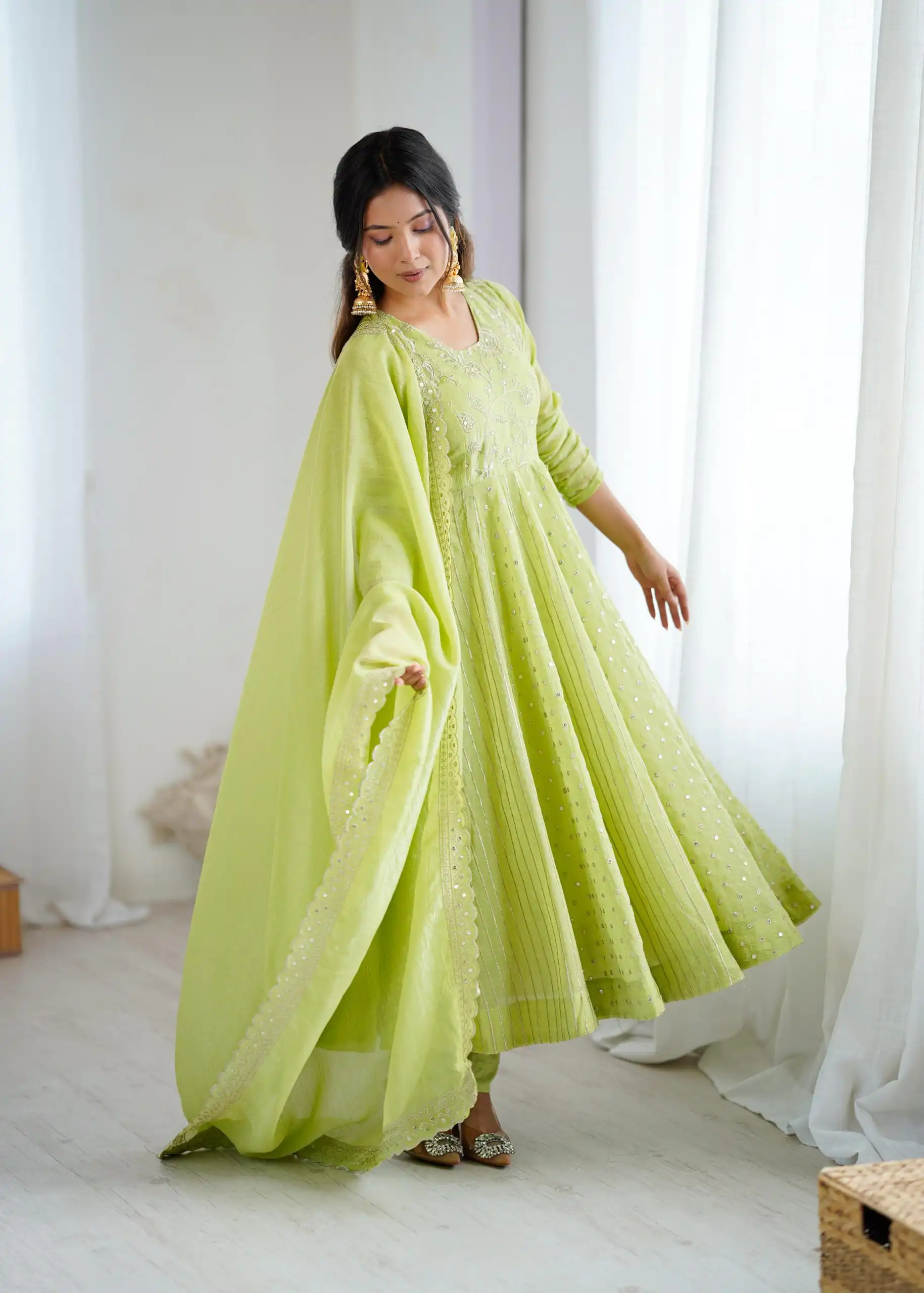SRK 5293 Pista With Crunchy Silk With Fully Flair with Lace Work & Embroidery Work Anarkali Gown . Introductory Price ₹2149. Delivery 4-6 Worki | Bollywood Gowns, Creative Gowns, Designer Gowns, Embroidered Gowns, Gowns, Party Wear Gowns