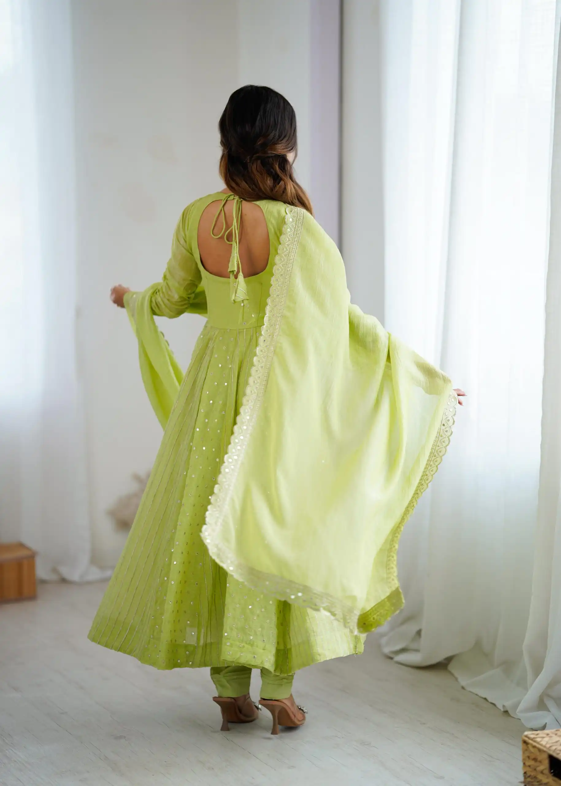 SRK 5293 Pista With Crunchy Silk With Fully Flair with Lace Work & Embroidery Work Anarkali Gown . Introductory Price ₹2149. Delivery 4-6 Worki | Bollywood Gowns, Creative Gowns, Designer Gowns, Embroidered Gowns, Gowns, Party Wear Gowns