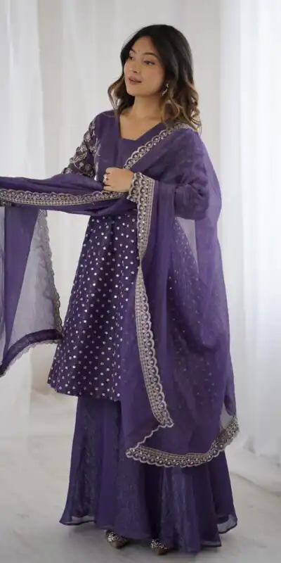 ZSR 3134 Purple Crunchy Silk Salwar Suit Perfect for Wedding, Party, Sangeet, Anniversary, Housewarming Introductory Price ₹2399. Delivery 4-6 | Casual Suits, Jump Suits, Creative suits, Designer Suits, Palazzo Suits, Party Wear Suits, Patiala Suits, Salwar suit, Straight Suits
