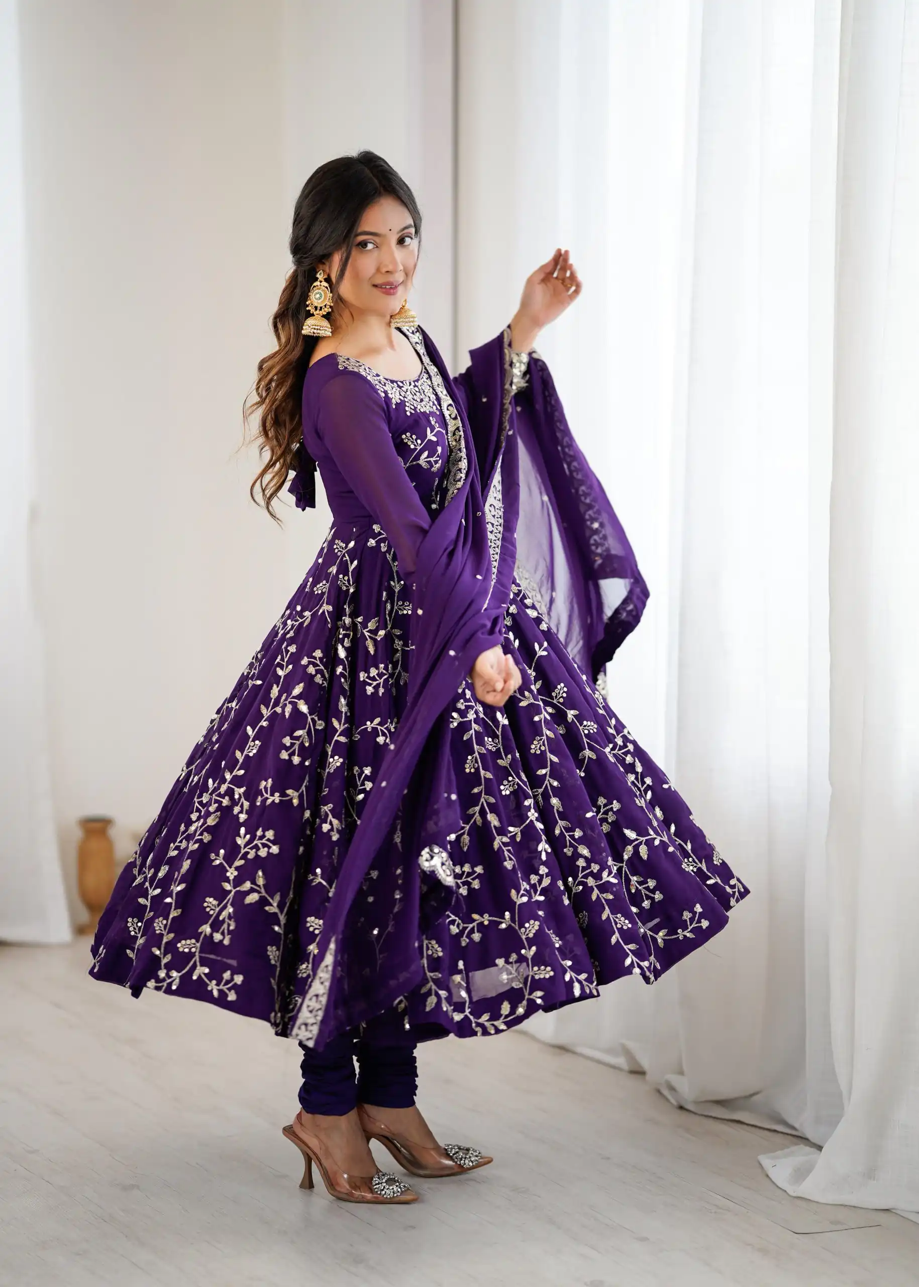 SRK 5299 Purple Georgette With Sequence Work Perfect for Wedding, Party, Lohri, Temple Visit, Ganesh Chaturthi Festive, Events, 4-6 Working Days At 2149 | Bollywood Gowns, Creative Gowns, Designer Gowns, Embroidered Gowns, Gowns, Party Wear Gowns