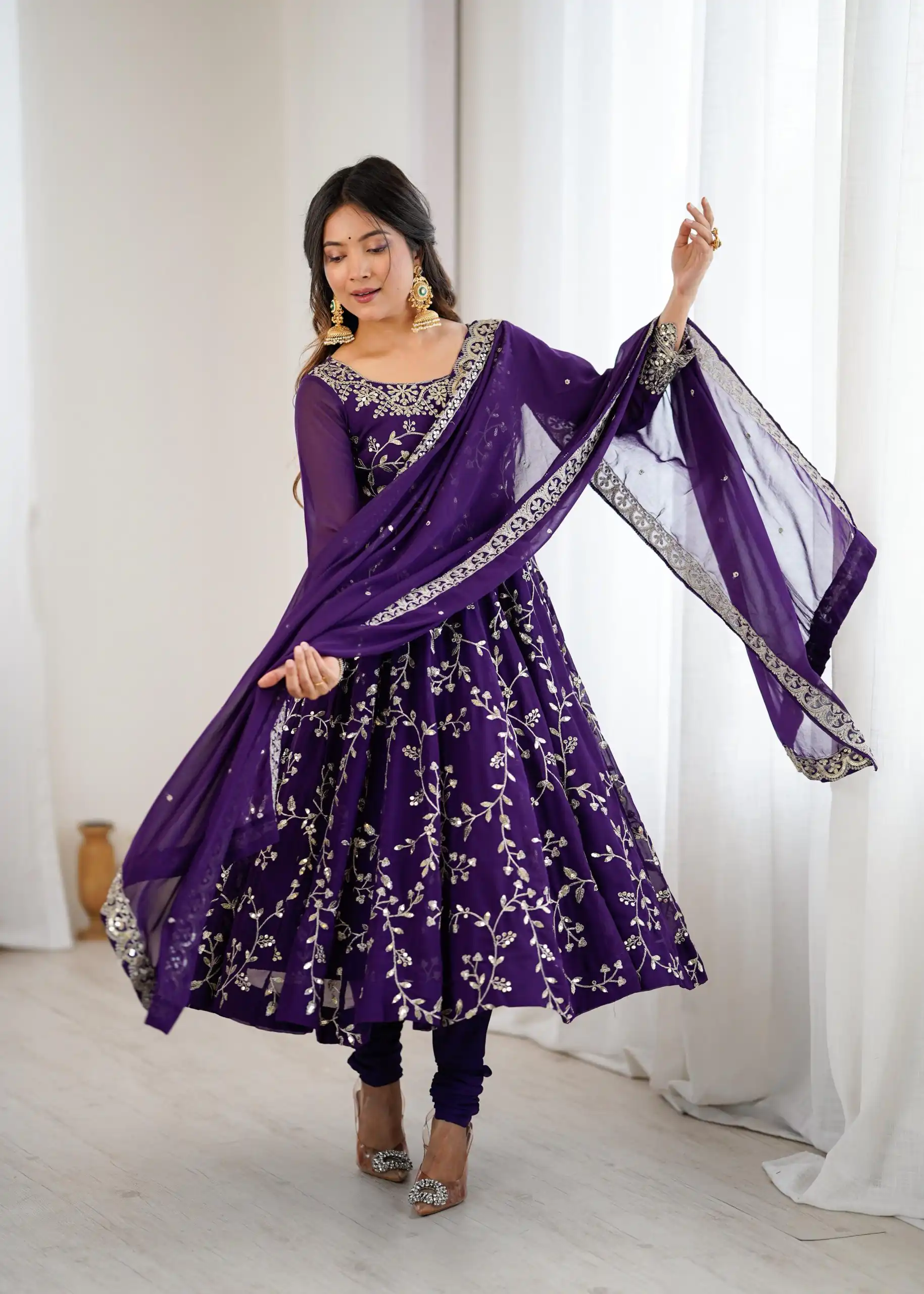 SRK 5299 Purple Georgette With Sequence Work Perfect for Wedding, Party, Lohri, Temple Visit, Ganesh Chaturthi Festive, Events, 4-6 Working Days At 2149 | Bollywood Gowns, Creative Gowns, Designer Gowns, Embroidered Gowns, Gowns, Party Wear Gowns