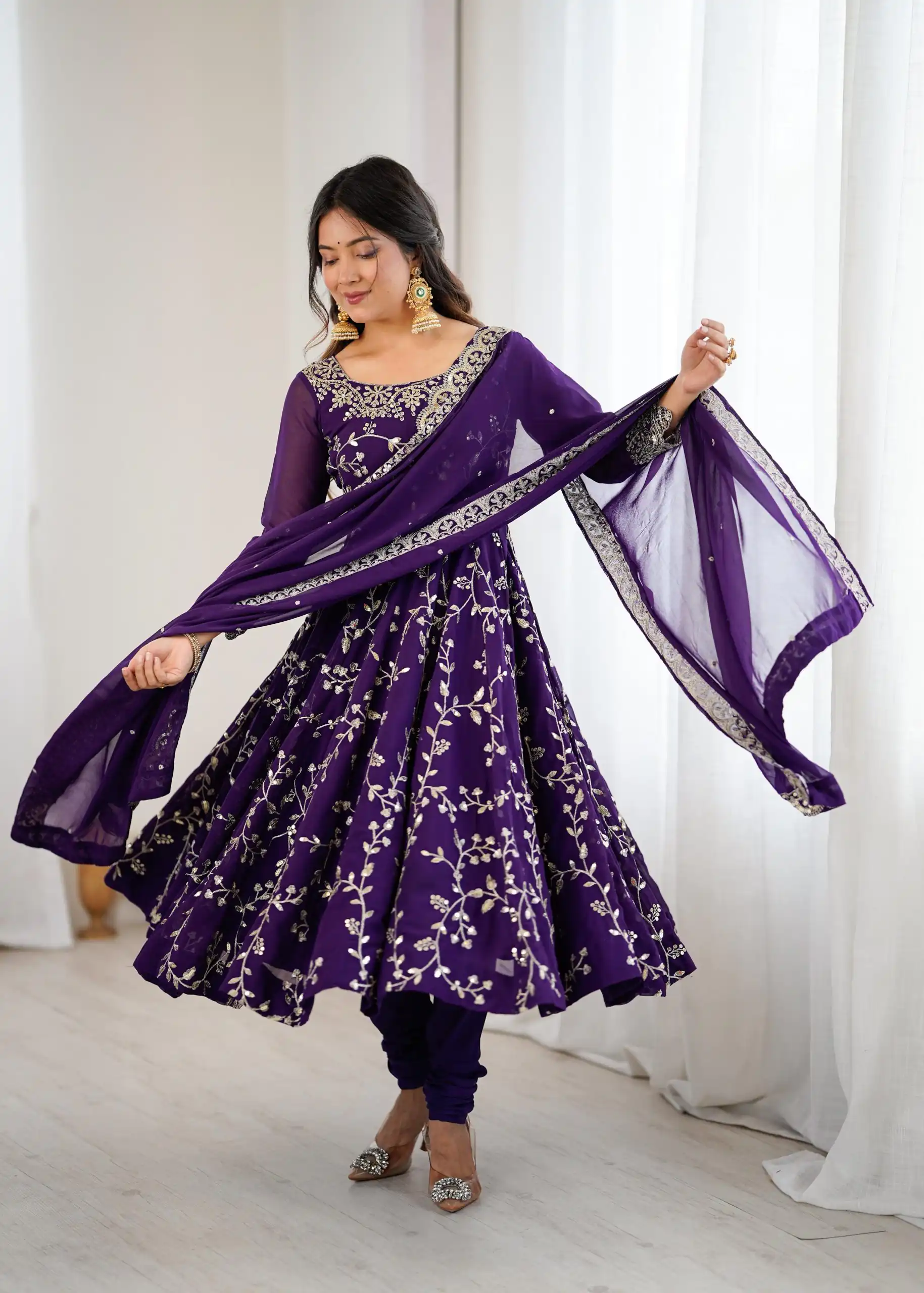 SRK 5299 Purple Georgette With Sequence Work Perfect for Wedding, Party, Lohri, Temple Visit, Ganesh Chaturthi Festive, Events, 4-6 Working Days At 2149 | Bollywood Gowns, Creative Gowns, Designer Gowns, Embroidered Gowns, Gowns, Party Wear Gowns