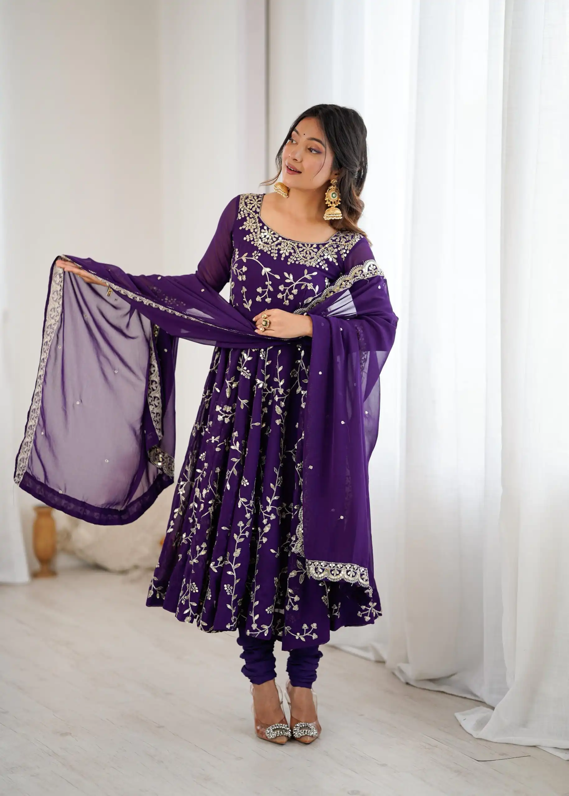 SRK 5299 Purple Georgette With Sequence Work Perfect for Wedding, Party, Lohri, Temple Visit, Ganesh Chaturthi Festive, Events, 4-6 Working Days At 2149 | Bollywood Gowns, Creative Gowns, Designer Gowns, Embroidered Gowns, Gowns, Party Wear Gowns