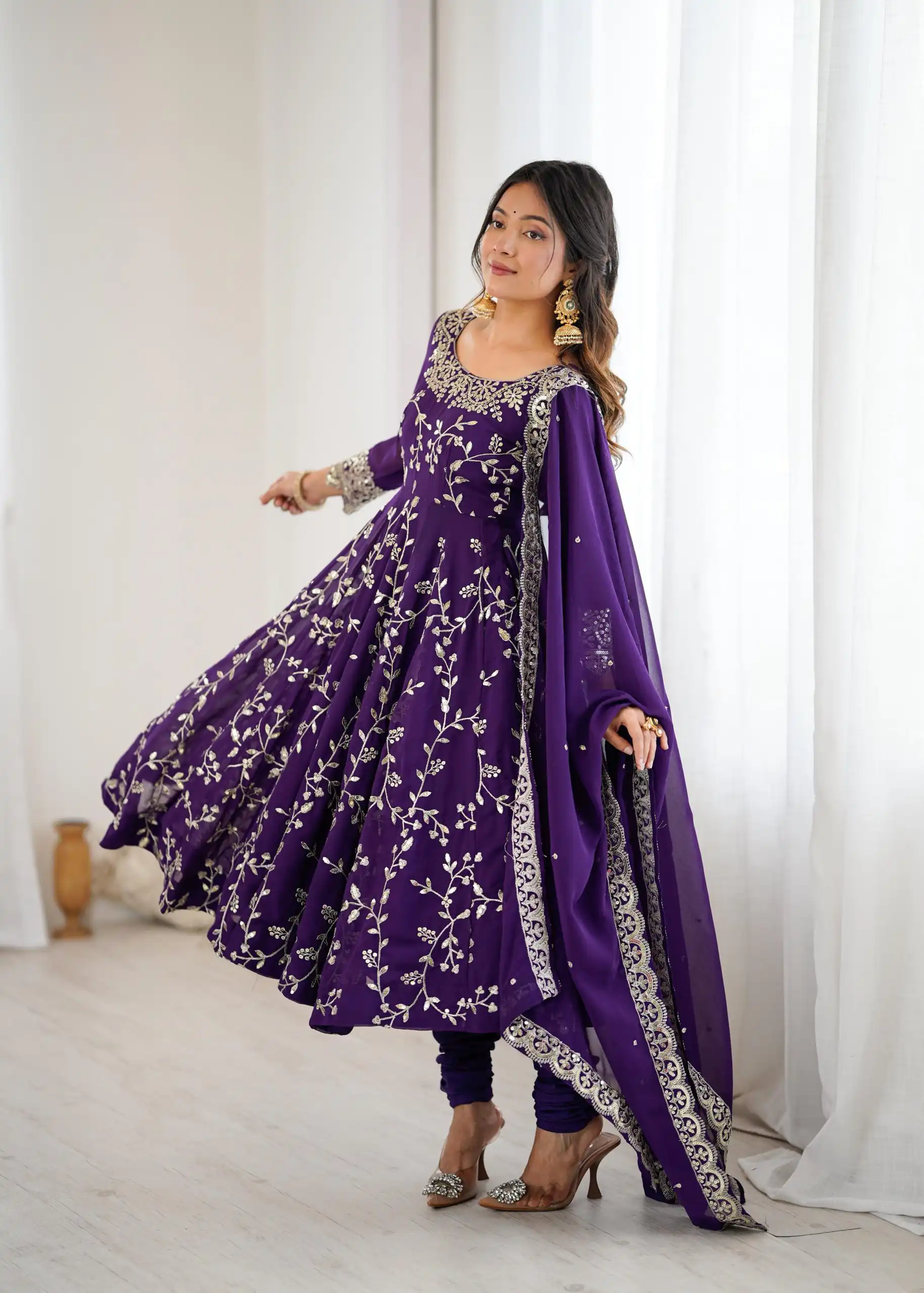 SRK 5299 Purple Georgette With Sequence Work Perfect for Wedding, Party, Lohri, Temple Visit, Ganesh Chaturthi Festive, Events, 4-6 Working Days At 2149 | Bollywood Gowns, Creative Gowns, Designer Gowns, Embroidered Gowns, Gowns, Party Wear Gowns