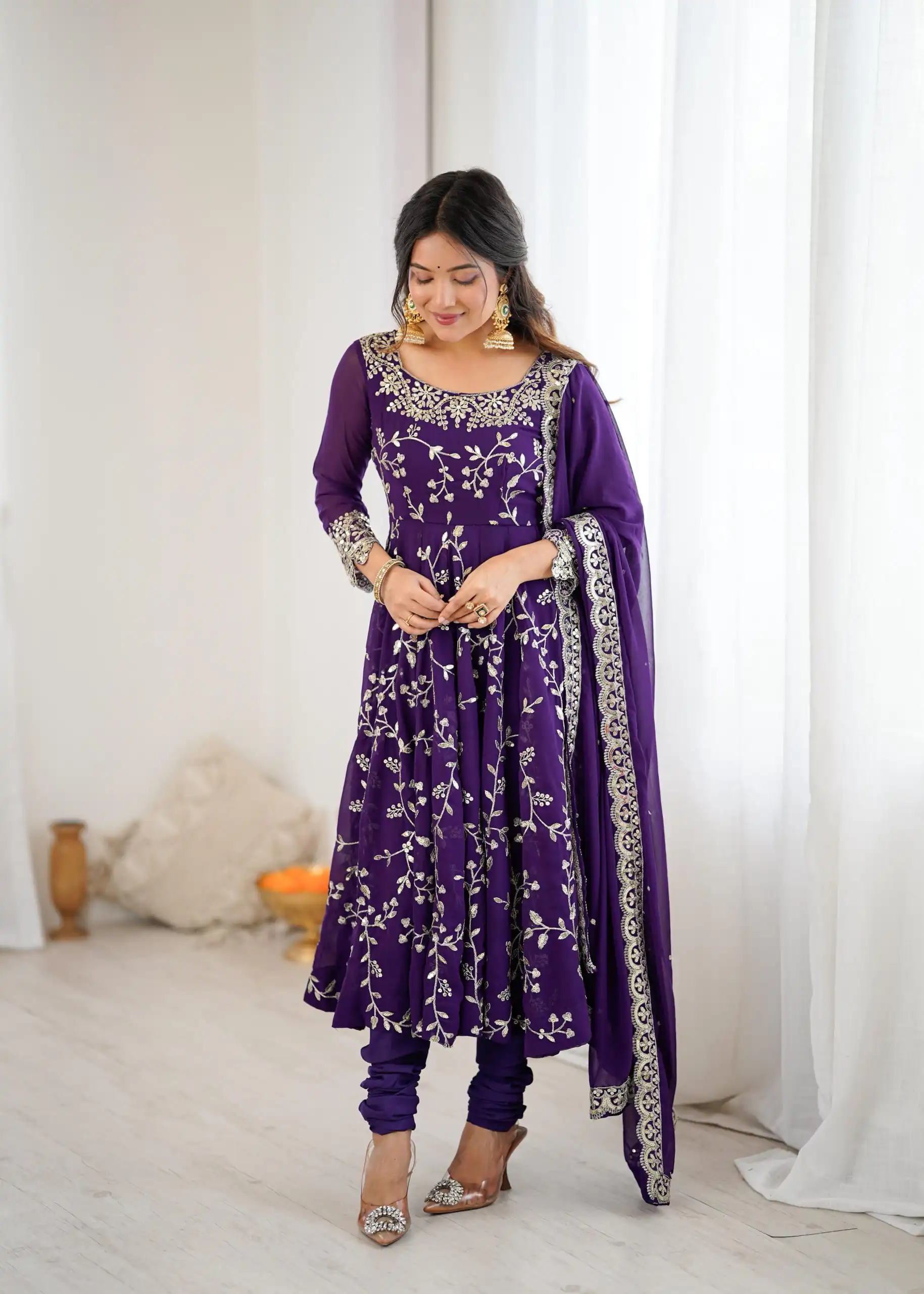SRK 5299 Purple Georgette With Sequence Work Perfect for Wedding, Party, Lohri, Temple Visit, Ganesh Chaturthi Festive, Events, 4-6 Working Days At 2149 | Bollywood Gowns, Creative Gowns, Designer Gowns, Embroidered Gowns, Gowns, Party Wear Gowns
