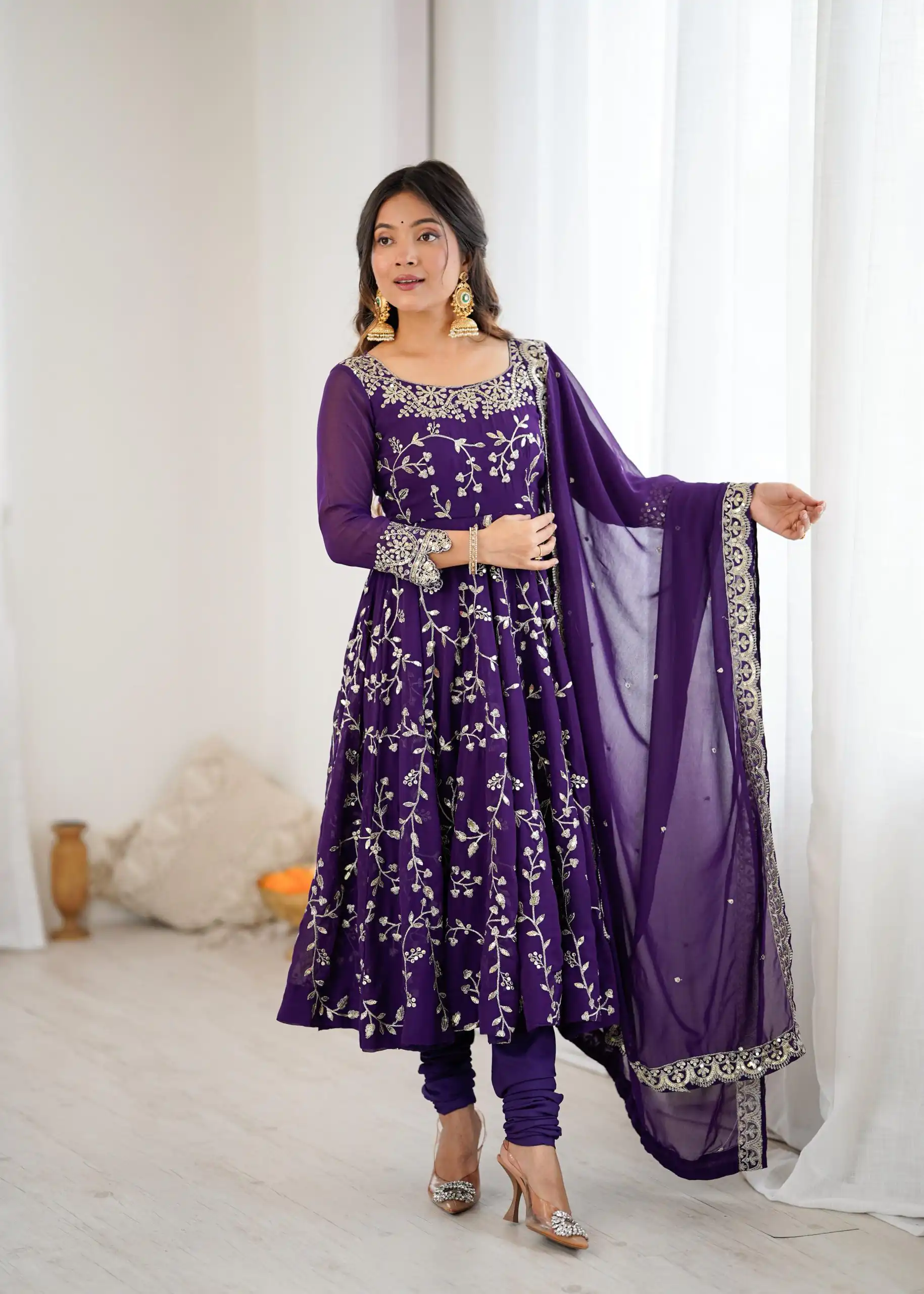SRK 5299 Purple Georgette With Sequence Work Perfect for Wedding, Party, Lohri, Temple Visit, Ganesh Chaturthi Festive, Events, 4-6 Working Days At 2149 | Bollywood Gowns, Creative Gowns, Designer Gowns, Embroidered Gowns, Gowns, Party Wear Gowns