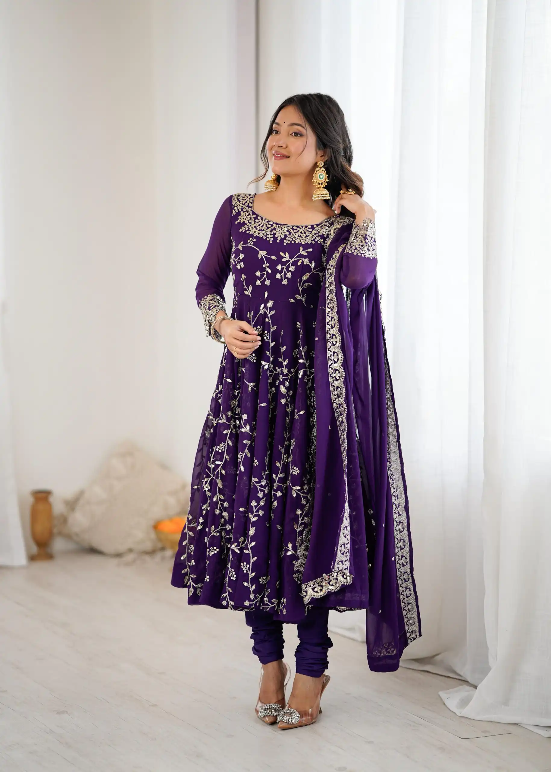 SRK 5299 Purple Georgette With Sequence Work Perfect for Wedding, Party, Lohri, Temple Visit, Ganesh Chaturthi Festive, Events, 4-6 Working Days At 2149 | Bollywood Gowns, Creative Gowns, Designer Gowns, Embroidered Gowns, Gowns, Party Wear Gowns