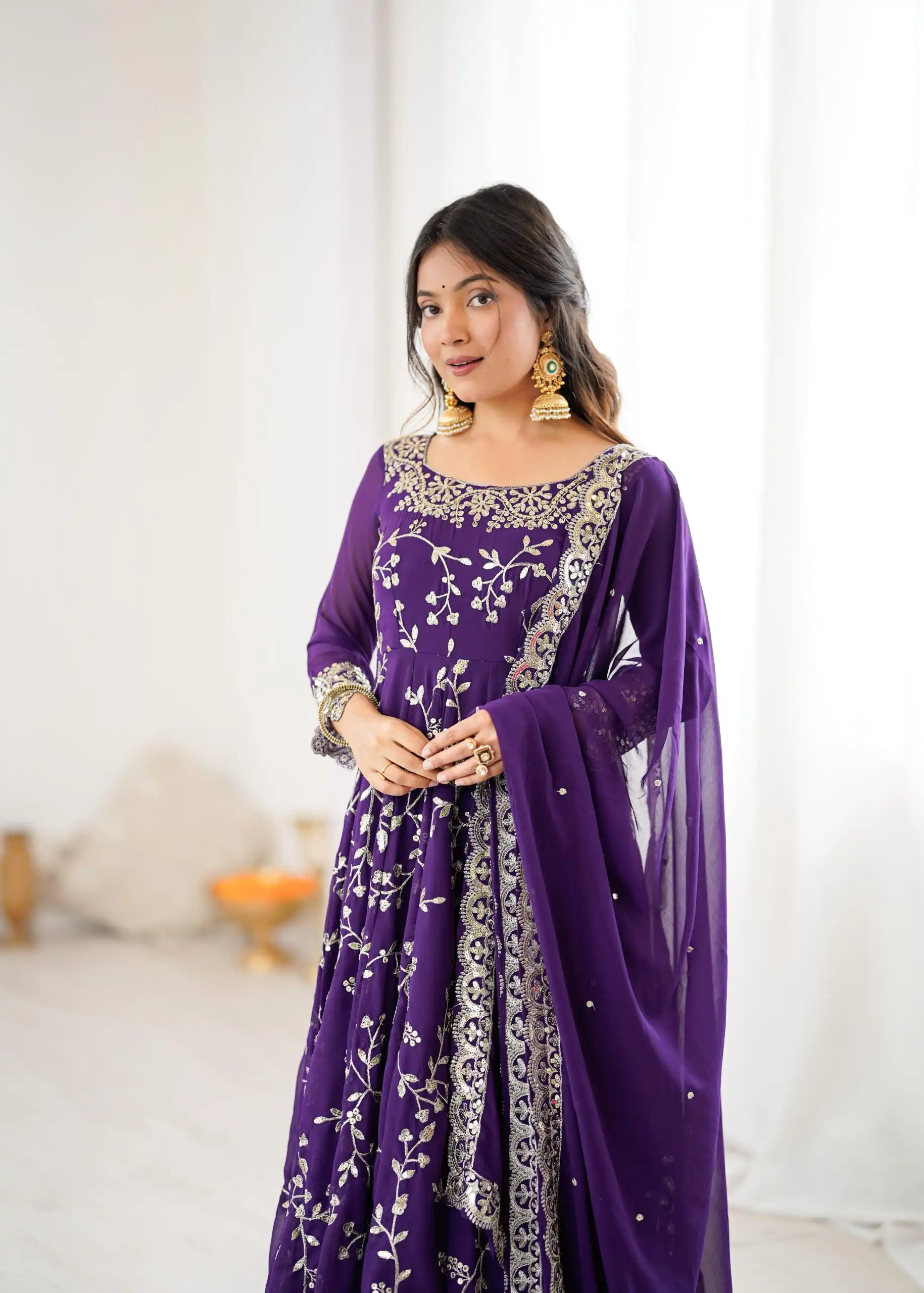 SRK 5299 Purple Georgette With Sequence Work Perfect for Wedding, Party, Lohri, Temple Visit, Ganesh Chaturthi Festive, Events, 4-6 Working Days At 2149 | Bollywood Gowns, Creative Gowns, Designer Gowns, Embroidered Gowns, Gowns, Party Wear Gowns