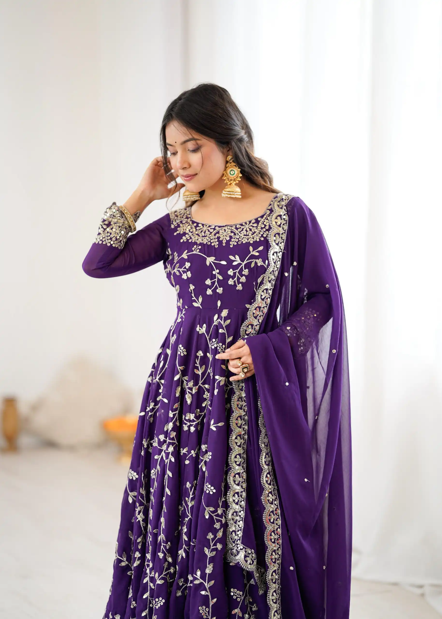 SRK 5299 Purple Georgette With Sequence Work Perfect for Wedding, Party, Lohri, Temple Visit, Ganesh Chaturthi Festive, Events, 4-6 Working Days At 2149 | Bollywood Gowns, Creative Gowns, Designer Gowns, Embroidered Gowns, Gowns, Party Wear Gowns