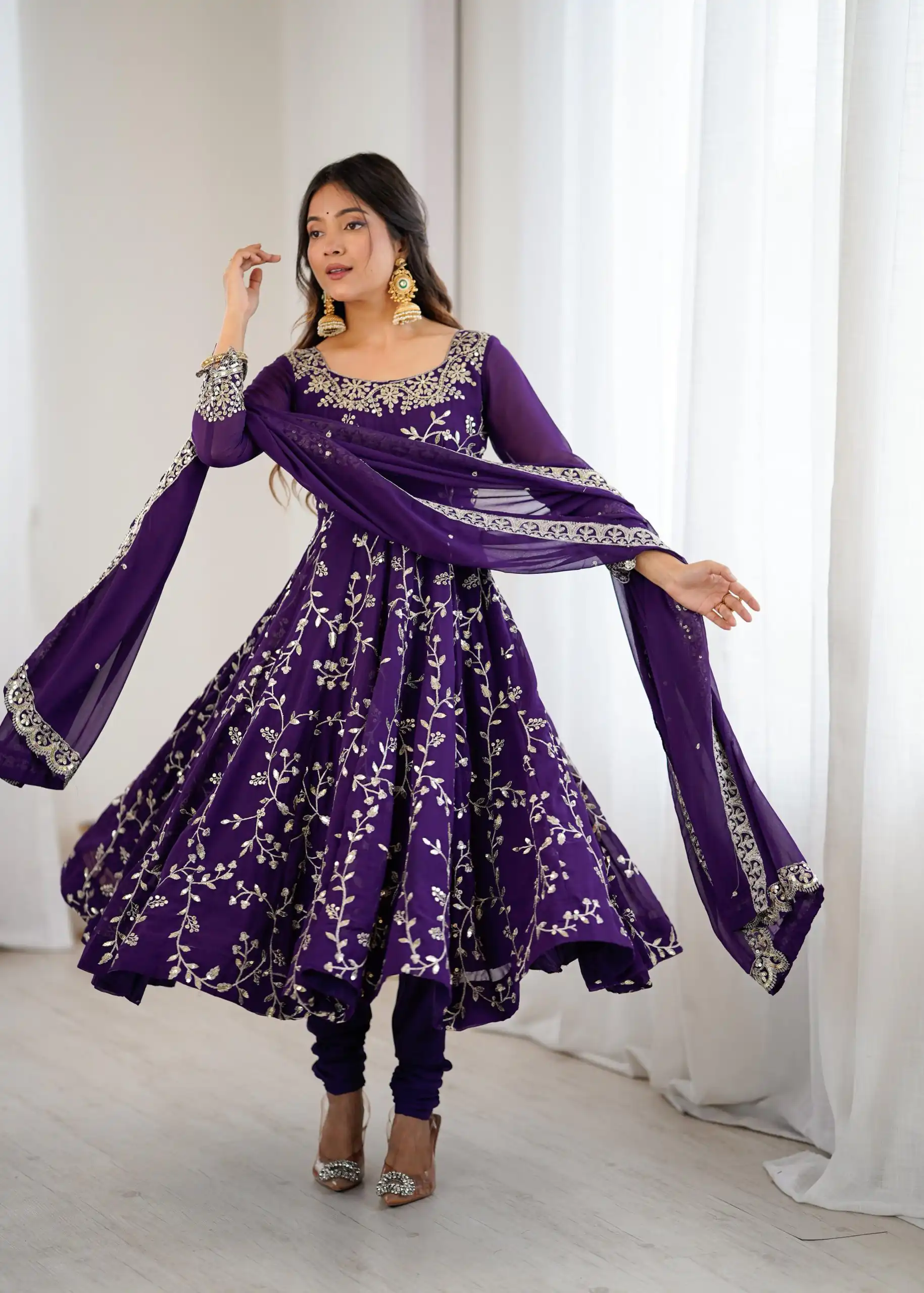 SRK 5299 Purple Georgette With Sequence Work Perfect for Wedding, Party, Lohri, Temple Visit, Ganesh Chaturthi Festive, Events, 4-6 Working Days At 2149 | Bollywood Gowns, Creative Gowns, Designer Gowns, Embroidered Gowns, Gowns, Party Wear Gowns