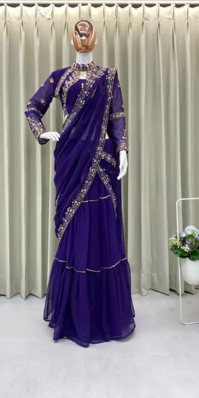 BE 280 Purple Georgette Lehenga Saree Perfect for Wedding, Party, Cultural Events, Housewarming, Ganesh Chaturthi . Affordable Price ₹2399. Delivery 4- | Creative Lehenga, Bollywood Lehenga, Designer Lehenga, Embroidered Lehenga, Lehenga, Party Wear Lehenga