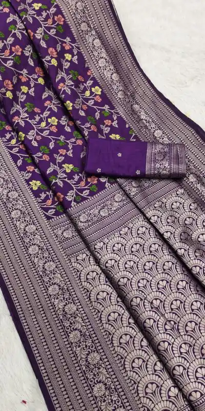 MB 96 Purple Color Khaddi Pashmina with Zari Work & Lace Work Saree . Now at just ₹1999. Delivery 4-6 Working Days. Shop now. | Creative Sarees, Embroidered Sarees, Bollywood Sarees, Designer Sarees, Ethnic Saree, Modern Digital sarees, Party Wear Sarees, Sarees