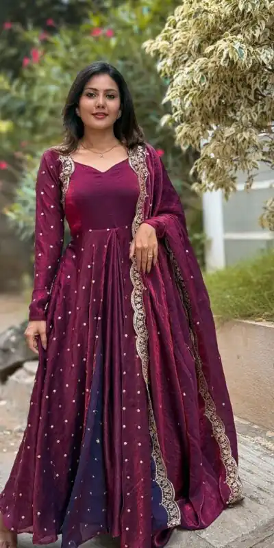 SSR 516 Rani Pink Fandy Silk With Embroidery sequence Work Gown Perfect for Wedding, Party, Onam, Makar Sankranti, Traditional Day Special Price ₹ 2149 | Bollywood Gowns, Creative Gowns, Designer Gowns, Embroidered Gowns, Gowns, Party Wear Gowns