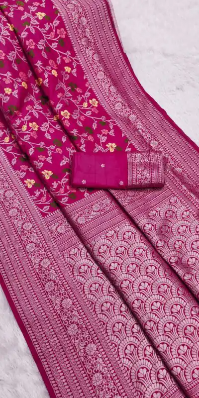 MB 96 Rani Pink Color Khaddi Pashmina with Zari Work & Lace Work Saree . Now at just ₹1999. Delivery 4-6 Working Days. Shop now. | Creative Sarees, Embroidered Sarees, Bollywood Sarees, Designer Sarees, Ethnic Saree, Modern Digital sarees, Party Wear Sarees, Sarees
