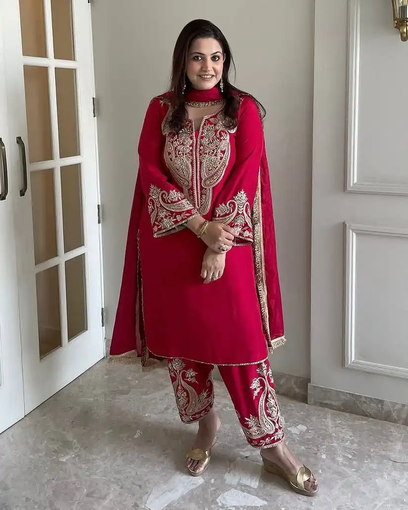 ZSR 3097 Red Pure Chinnon Silk With Embroidery Sequence Work With Full Sleeve Salwar Suit Wedding, Party, Festive, Events Exclusive Offer ₹1899. D | Casual Suits, Jump Suits, Tops & Bottoms, Track Suits, Trendy Wear, Creative suits, Designer Suits, Palazzo Suits, Party Wear Suits, Patiala Suits, Salwar suit, Straight Suits