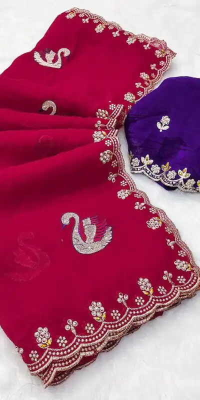 BT 1284 Red Crunchy Chiffon Saree Perfect for Wedding, Party, Ethnic Day, Ganesh Chaturthi, Sangeet . Best Price ₹1799. Delivery 4-6 Working Days | Embroidered Sarees, Bollywood Sarees, Creative Sarees, Designer Sarees, Ethnic Saree, Modern Digital sarees, Party Wear Sarees, Sarees