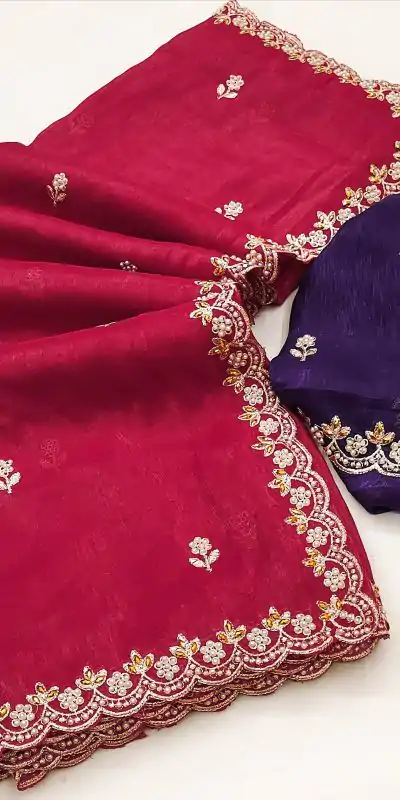 Red Crunchy Chiffon Embroidery Work Saree