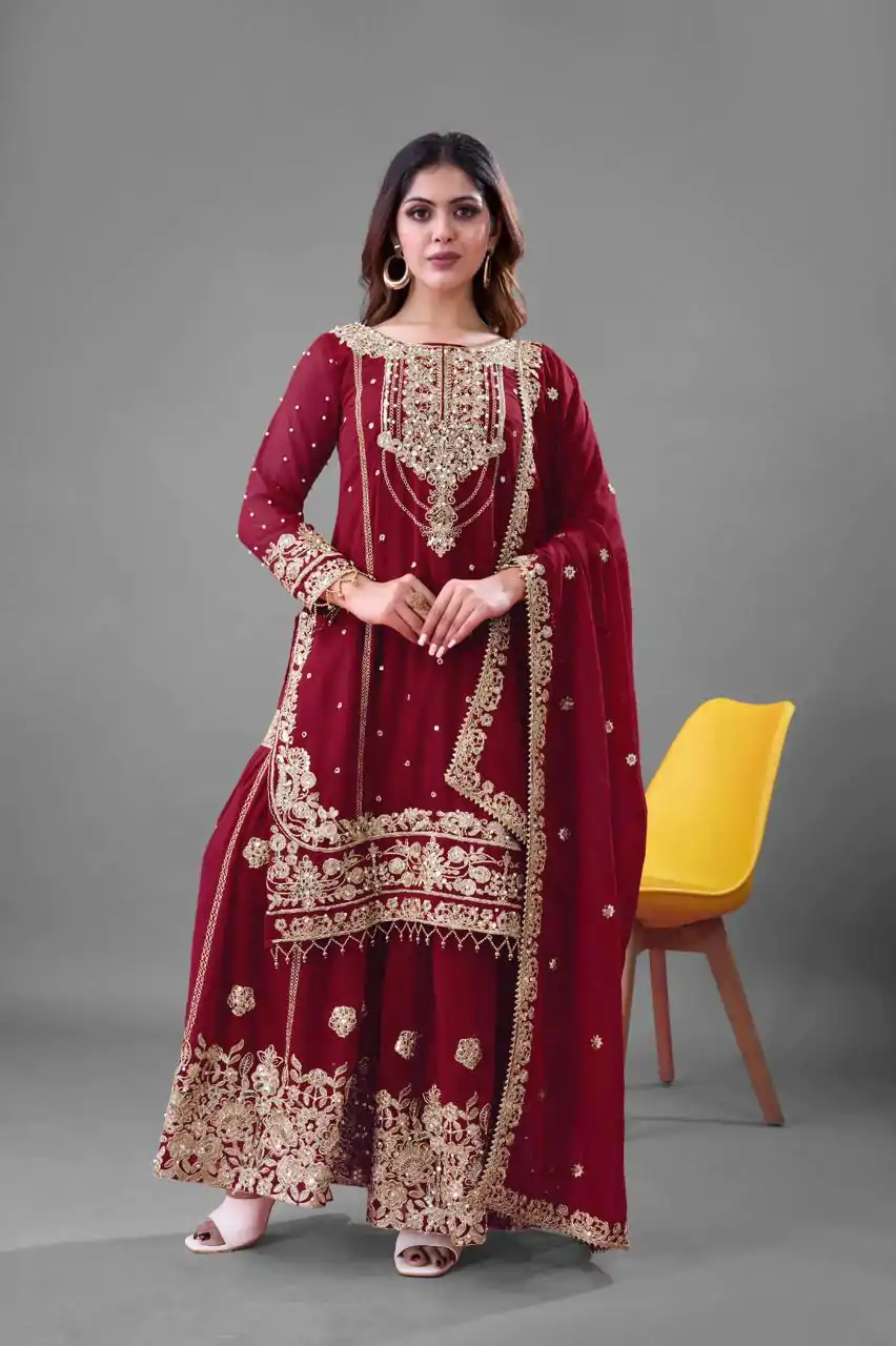 SR 1688 Red Heavy Faux Georgette With Heavy Embroidery Wedding, Party, Festive, Events, Navratri Garba, Reception, Haldi, 4-6 Working Days At 1949 Only | Casual Suits, Jump Suits, Creative suits, Designer Suits, Palazzo Suits, Party Wear Suits, Patiala Suits, Salwar suit, Straight Suits