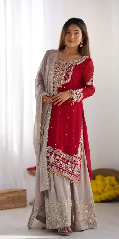 SR 1676 Red Heavy Faux Georgette With Heavy Embroidery Perfect for Wedding, Party, Ethnic Day, Reception, Diwali 4-6 Working Days At 2049/- Only | Casual Suits, Jump Suits, Creative suits, Designer Suits, Palazzo Suits, Party Wear Suits, Patiala Suits, Salwar suit, Straight Suits