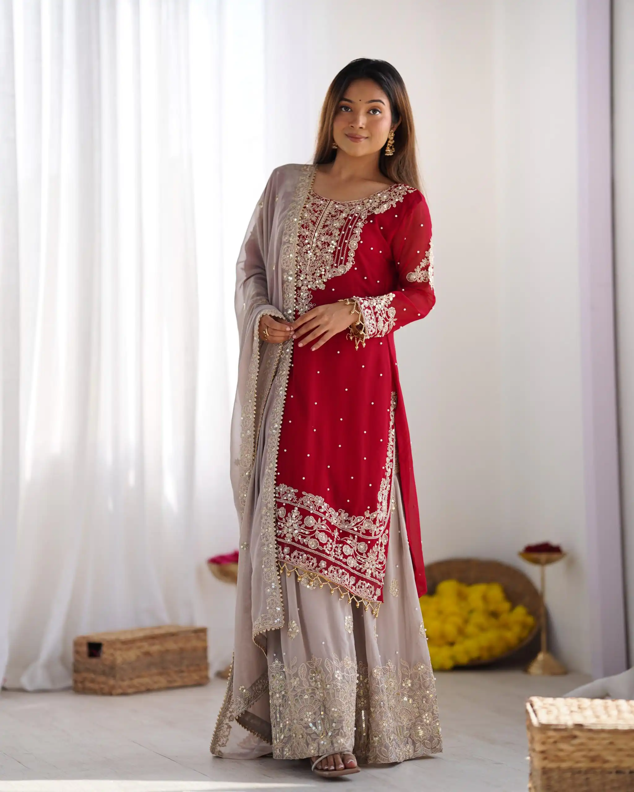 SR 1676 Red Heavy Faux Georgette With Heavy Embroidery Perfect for Wedding, Party, Ethnic Day, Reception, Diwali 4-6 Working Days At 2049/- Only | Casual Suits, Jump Suits, Creative suits, Designer Suits, Palazzo Suits, Party Wear Suits, Patiala Suits, Salwar suit, Straight Suits