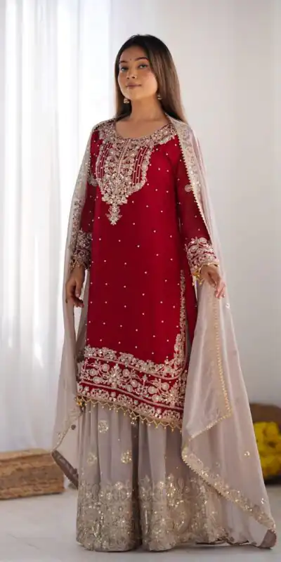 SR 1676 Red Heavy Faux Georgette With Heavy Embroidery Perfect for Wedding, Party, Ethnic Day, Reception, Diwali 4-6 Working Days At 2049/- Only | Casual Suits, Jump Suits, Creative suits, Designer Suits, Palazzo Suits, Party Wear Suits, Patiala Suits, Salwar suit, Straight Suits
