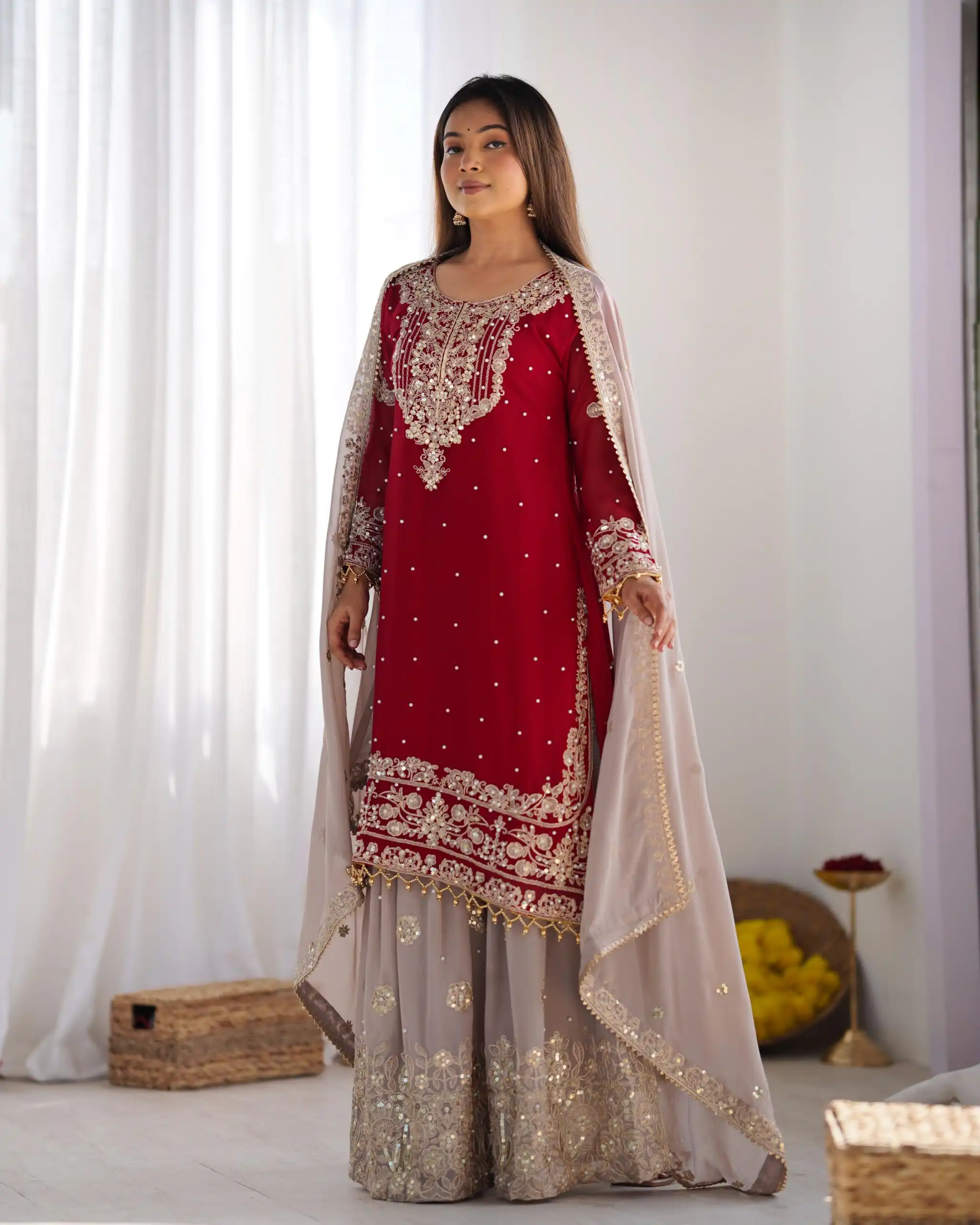 SR 1676 Red Heavy Faux Georgette With Heavy Embroidery Perfect for Wedding, Party, Ethnic Day, Reception, Diwali 4-6 Working Days At 2049/- Only | Casual Suits, Jump Suits, Creative suits, Designer Suits, Palazzo Suits, Party Wear Suits, Patiala Suits, Salwar suit, Straight Suits