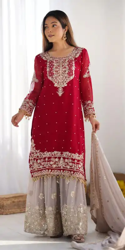 SR 1676 Red Heavy Faux Georgette With Heavy Embroidery Perfect for Wedding, Party, Ethnic Day, Reception, Diwali 4-6 Working Days At 2049/- Only | Casual Suits, Jump Suits, Creative suits, Designer Suits, Palazzo Suits, Party Wear Suits, Patiala Suits, Salwar suit, Straight Suits
