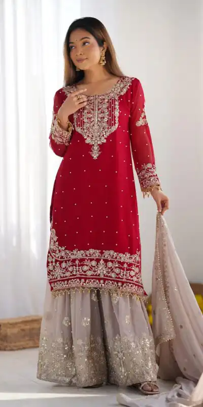 SR 1676 Red Heavy Faux Georgette With Heavy Embroidery Perfect for Wedding, Party, Ethnic Day, Reception, Diwali 4-6 Working Days At 2049/- Only | Casual Suits, Jump Suits, Creative suits, Designer Suits, Palazzo Suits, Party Wear Suits, Patiala Suits, Salwar suit, Straight Suits