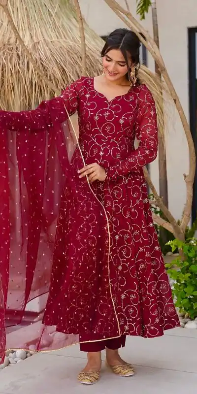 ZSR 3145 Red Faux Georgette With Embroidery Sequence Work Gown Perfect for Wedding, Party, Bridal Wear, Family Gatherings, Festival Celebrations At 2099 | Bollywood Gowns, Creative Gowns, Designer Gowns, Embroidered Gowns, Gowns, Party Wear Gowns