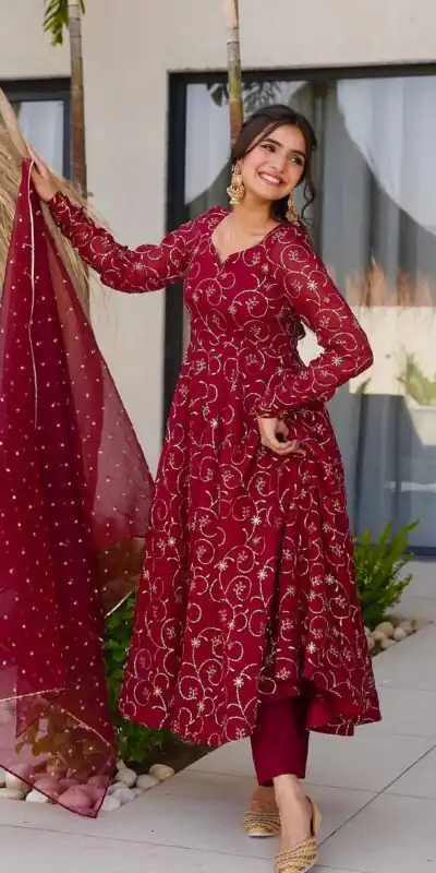 ZSR 3145 Red Faux Georgette With Embroidery Sequence Work Gown Perfect for Wedding, Party, Bridal Wear, Family Gatherings, Festival Celebrations At 2099 | Bollywood Gowns, Creative Gowns, Designer Gowns, Embroidered Gowns, Gowns, Party Wear Gowns