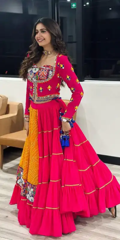 KF 1591 Red in Faux Georgette Digital Print & Mirror Work Lehenga Choli. Available at ₹1649 only. Delivery 4-6 Working Days. Shop now. | Bollywood Lehenga, Creative Lehenga, Designer Lehenga, Embroidered Lehenga, Lehenga, Party Wear Lehenga