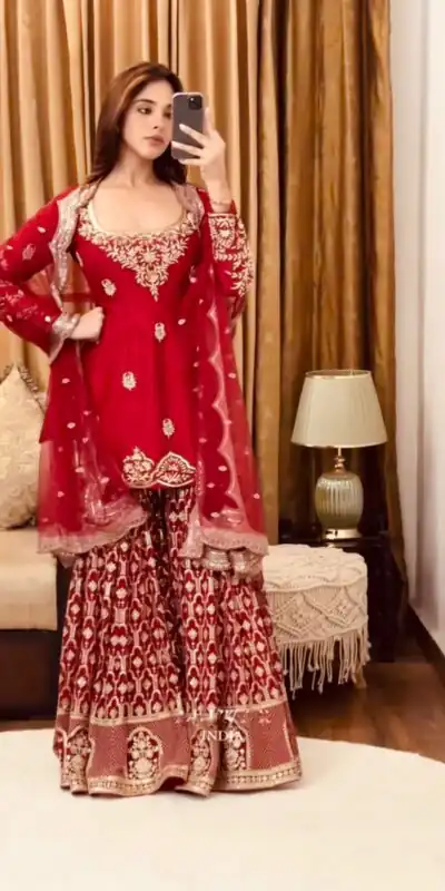 SSR 486 Red Georgette with Embroidery Work & Lace Work Salwar Suit . Festive Deal ₹1949. Delivery 4-6 Working Days. Shop now. | Casual Suits, Jump Suits, Tops & Bottoms, Track Suits, Trendy Wear, Creative suits, Designer Suits, Palazzo Suits, Party Wear Suits, Patiala Suits, Salwar suit, Straight Suits
