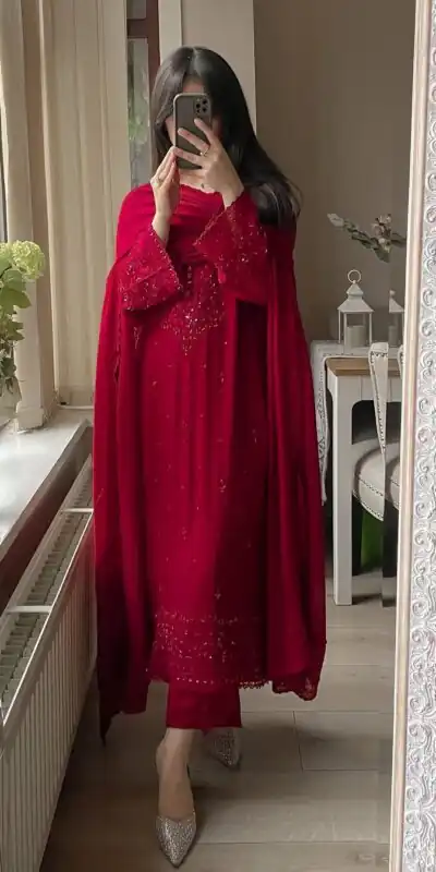LG 2002 Red Georgette With Embroidery Work Salwar Suit . Wedding, Party, Festive, Events, Affordable Price ₹1999. Delivery 4-6 Working Days. Shop now. | Casual Suits, Jump Suits, Tops & Bottoms, Track Suits, Trendy Wear, Creative suits, Designer Suits, Palazzo Suits, Party Wear Suits, Patiala Suits, Salwar suit, Straight Suits