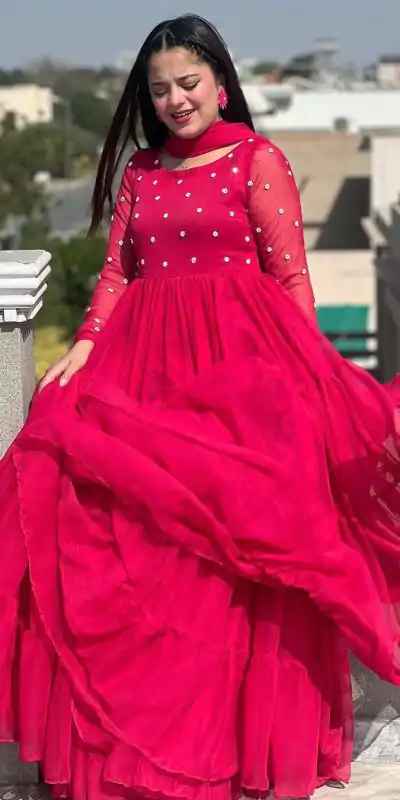 LG 2013 Red Georgette With Bead Work Gown . Wedding, Party, Festive, Events, Get it for ₹1899. Delivery 4-6 Working Days. Shop now. | Bollywood Gowns, Creative Gowns, Designer Gowns, Embroidered Gowns, Gowns, Party Wear Gowns