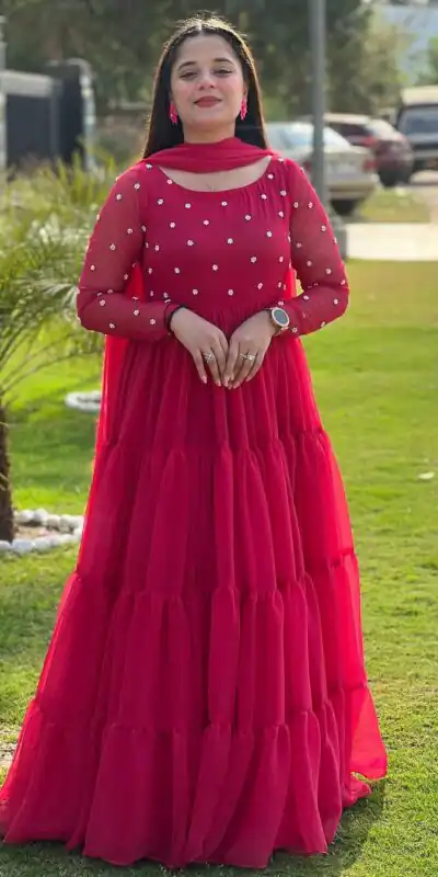 LG 2013 Red Georgette With Bead Work Gown . Wedding, Party, Festive, Events, Get it for ₹1899. Delivery 4-6 Working Days. Shop now. | Bollywood Gowns, Creative Gowns, Designer Gowns, Embroidered Gowns, Gowns, Party Wear Gowns