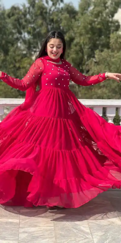 LG 2013 Red Georgette With Bead Work Gown . Wedding, Party, Festive, Events, Get it for ₹1899. Delivery 4-6 Working Days. Shop now. | Bollywood Gowns, Creative Gowns, Designer Gowns, Embroidered Gowns, Gowns, Party Wear Gowns